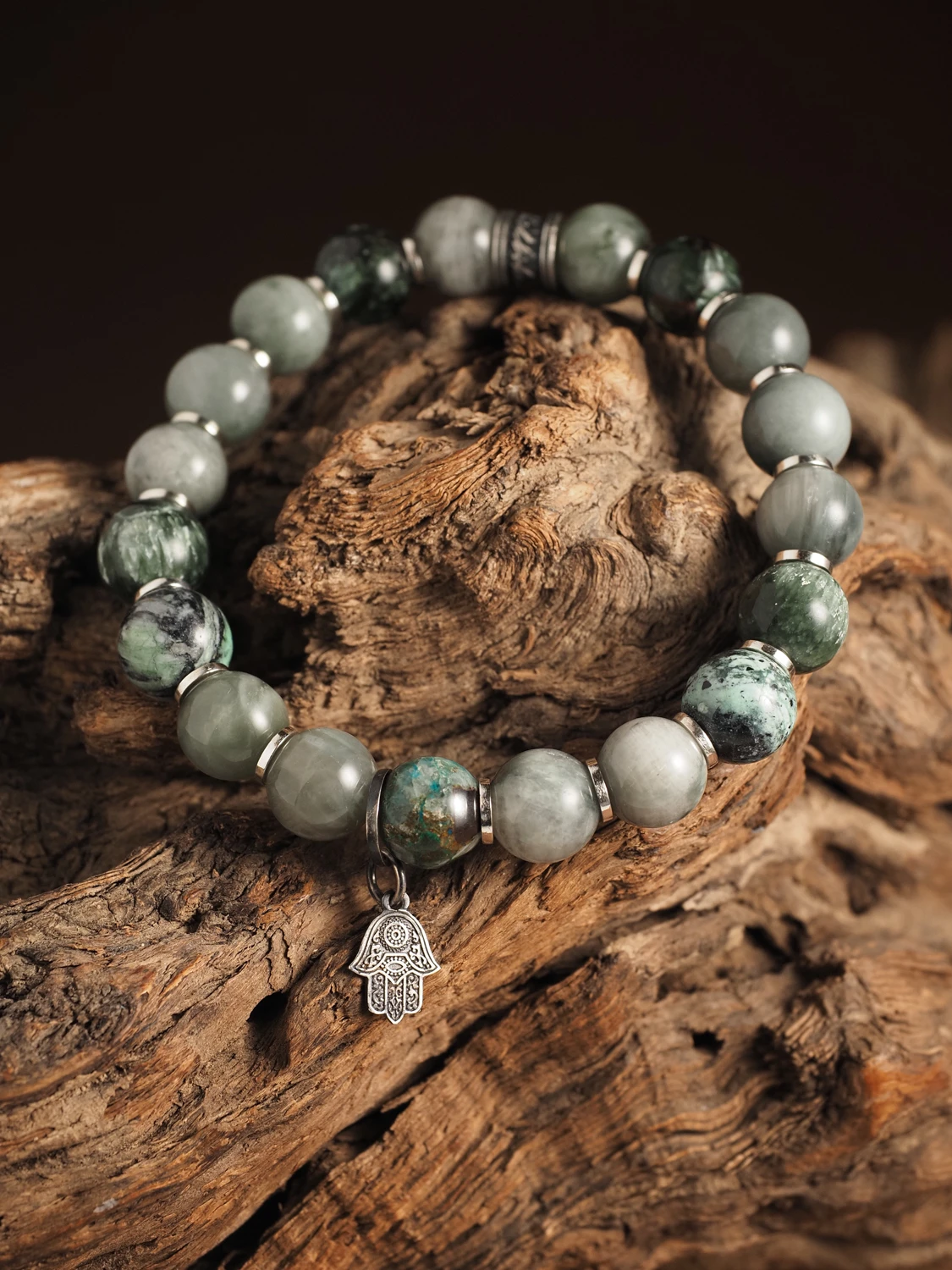 Браслет лаконичный из Хризоколлы, Кошачьего глаза и Серафинита