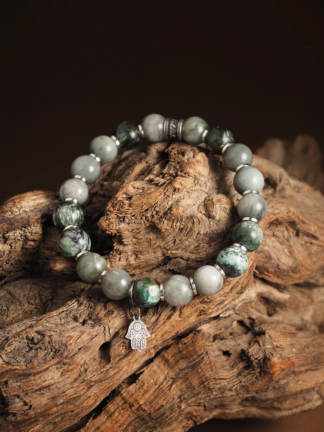 Браслет лаконичный из Хризоколлы, Кошачьего глаза и Серафинита