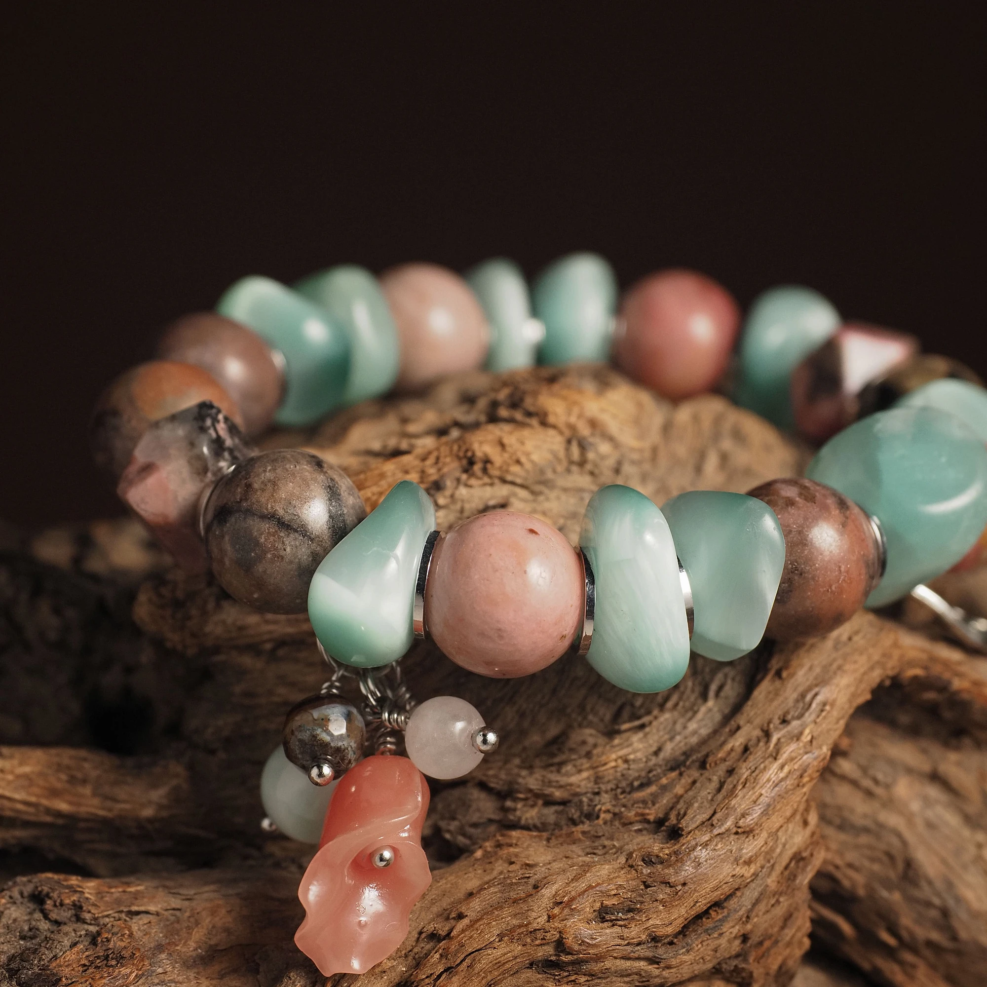 Браслет женский из Диопсида и Родонита №3