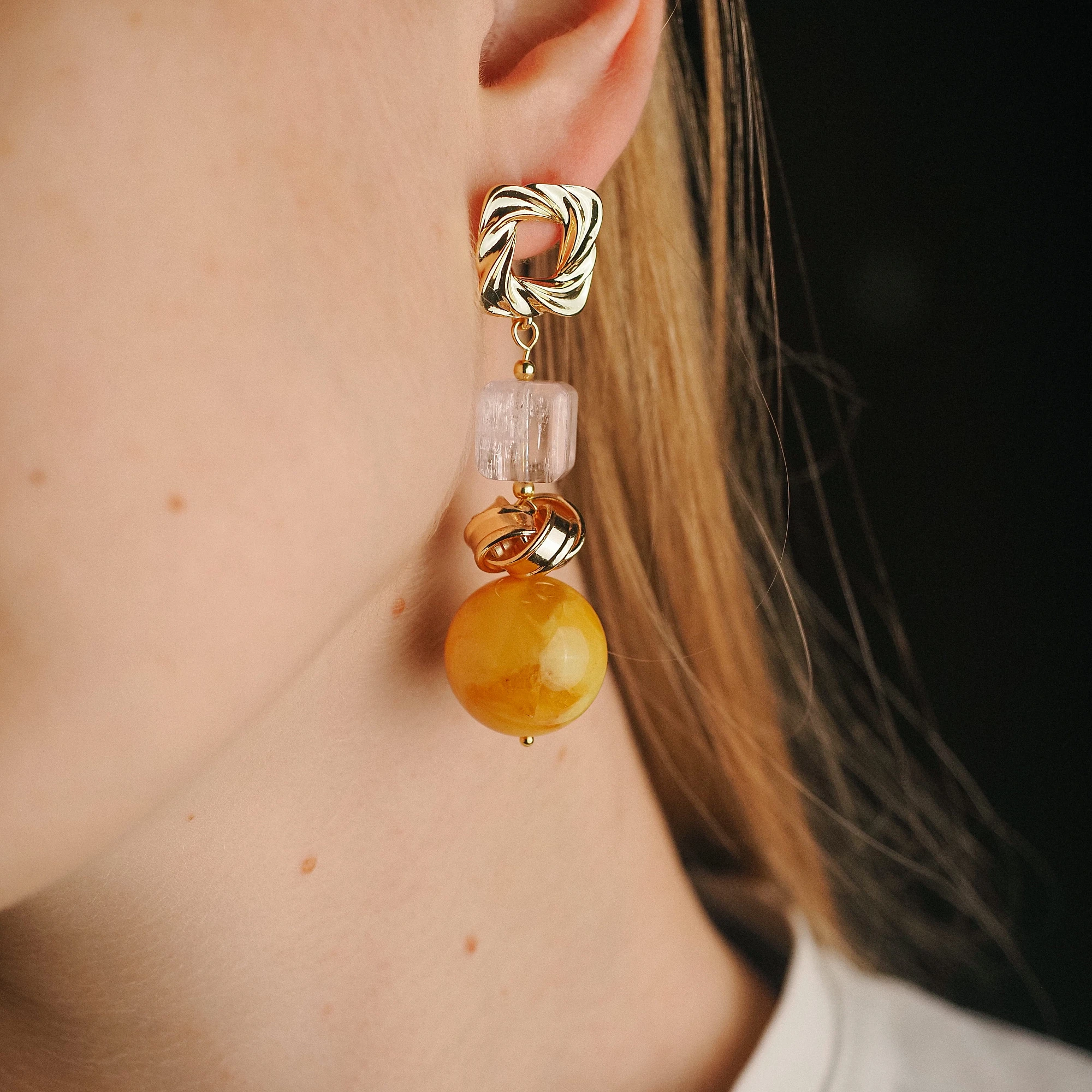 Серьги из Кунцита и Янтаря