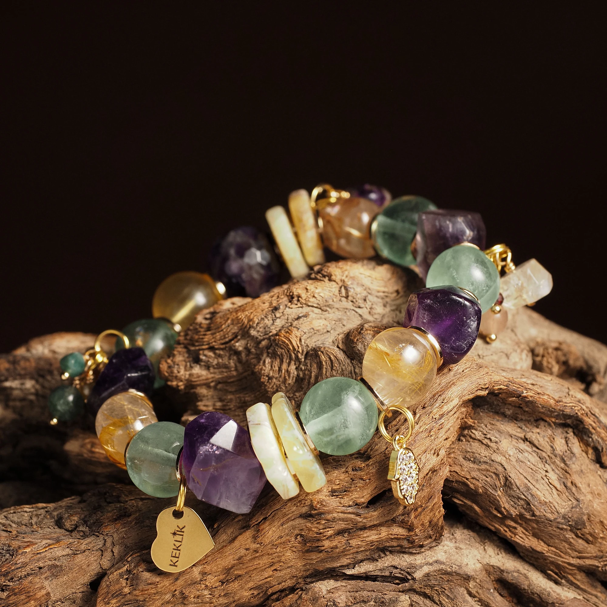 Браслет женский из Аметиста, Опала, Рутилового кварца и Флюорита