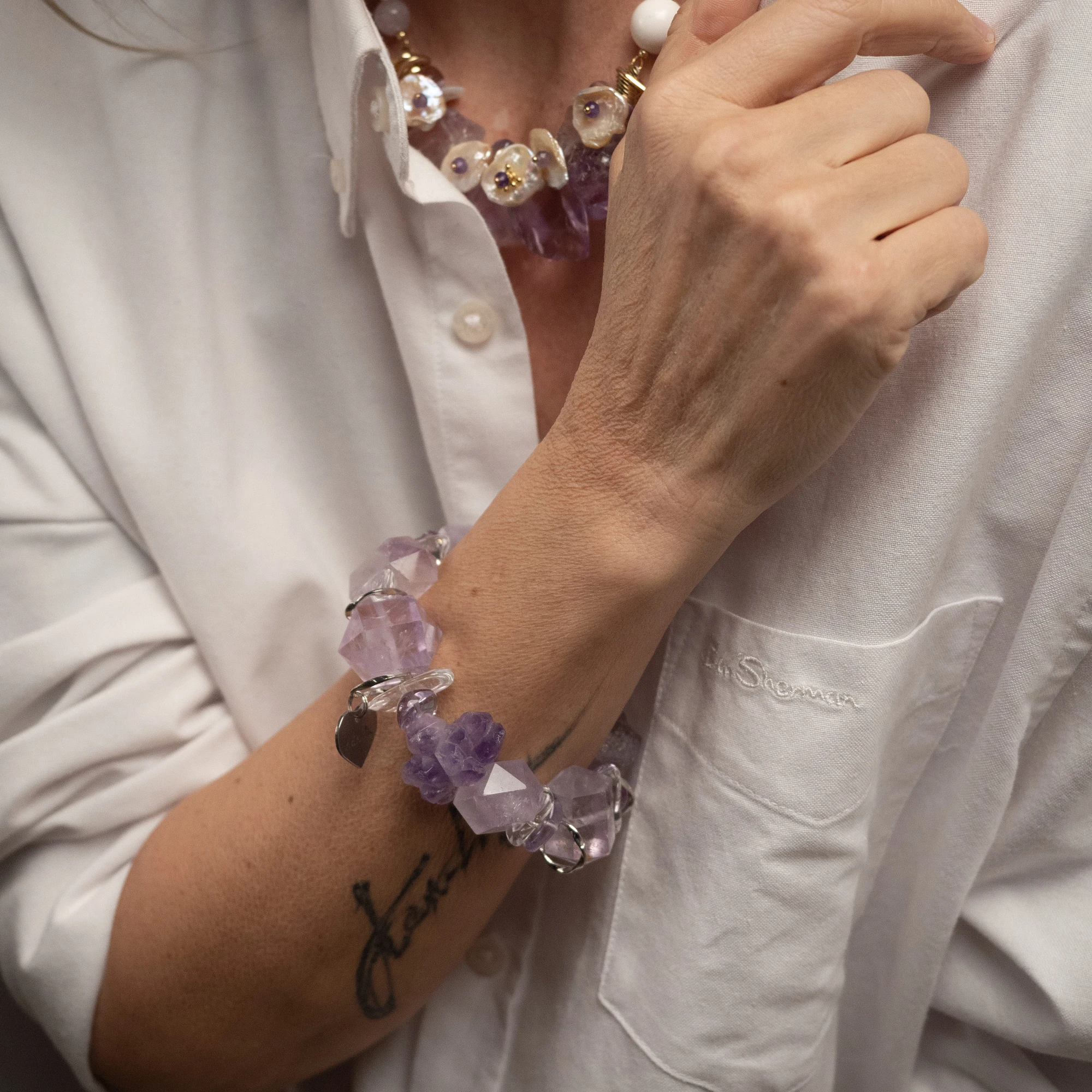 Браслет женский из Аметиста и Горного хрусталя