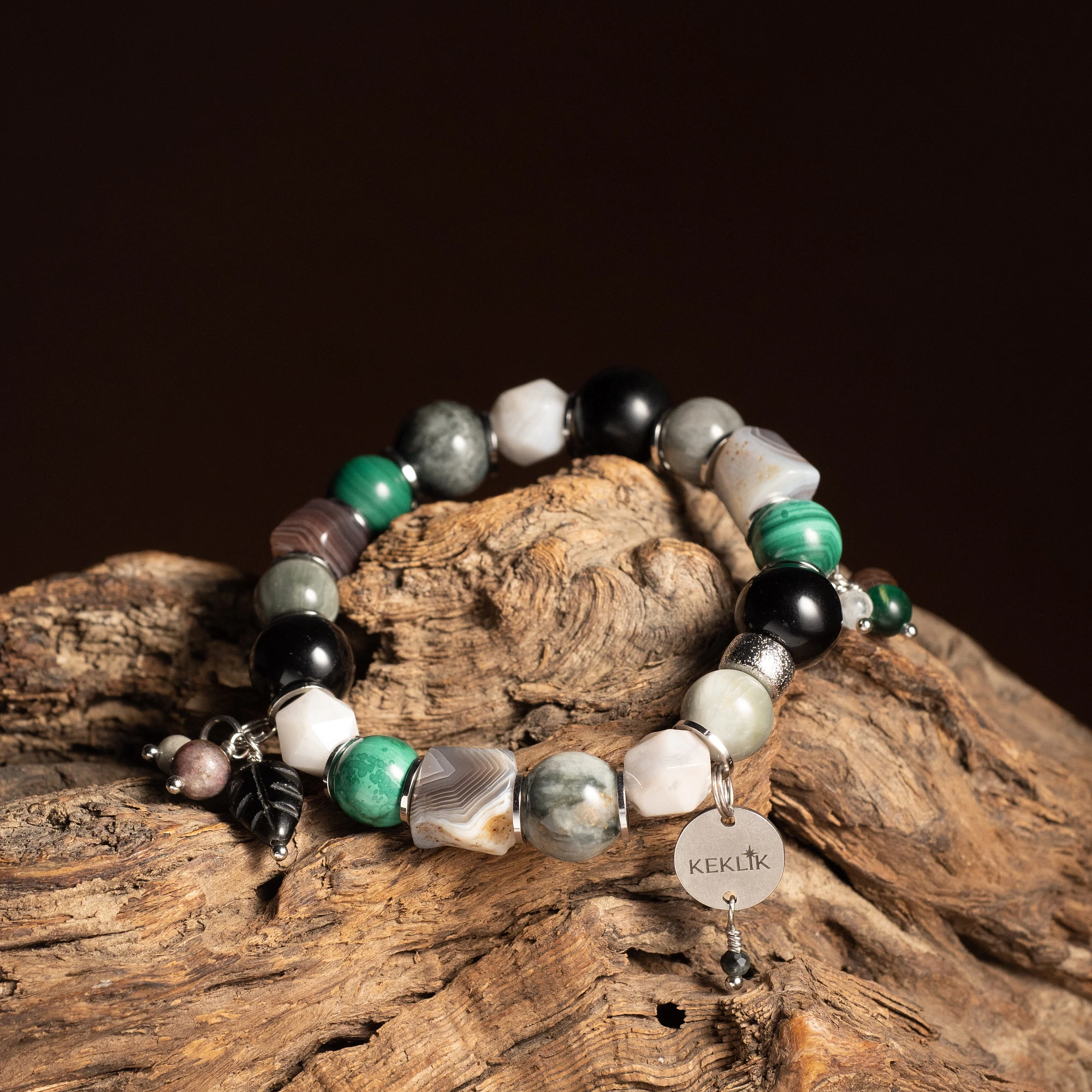 Браслет женский из Агата, Кошачьего глаза, Малахита и Обсидиана