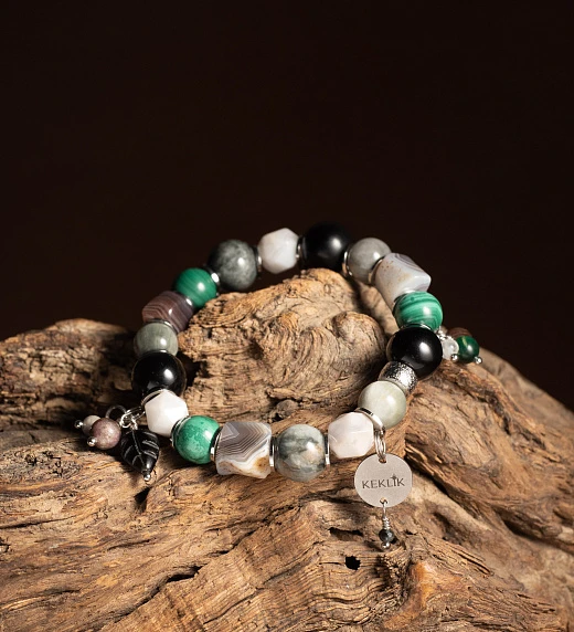Браслет женский из Агата, Кошачьего глаза, Малахита и Обсидиана