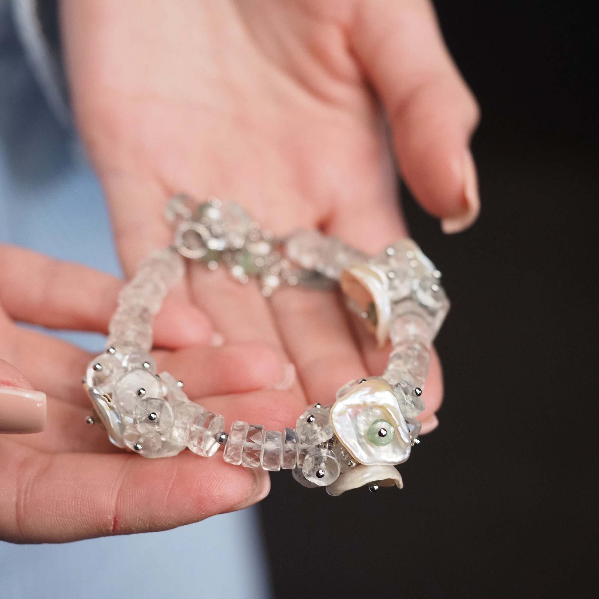 Браслет женский из Жемчуга и зеленого Аметиста