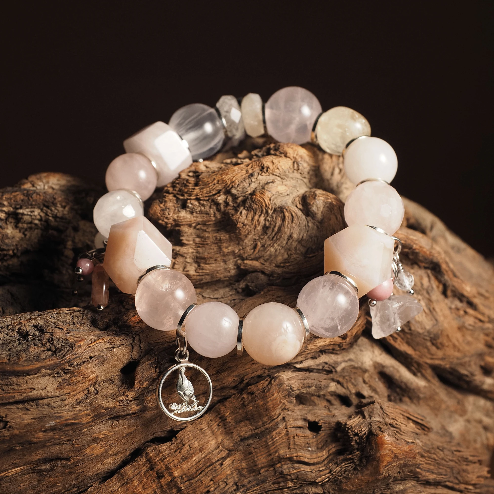 Браслет из Розового кварца, Сакурового Агата и Цитрина женский