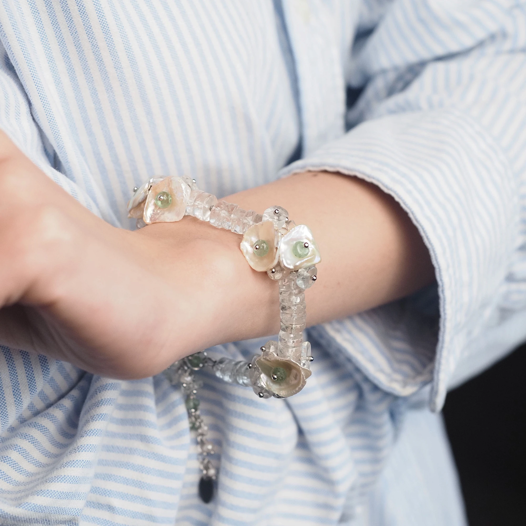 Браслет женский из Жемчуга и зеленого Аметиста