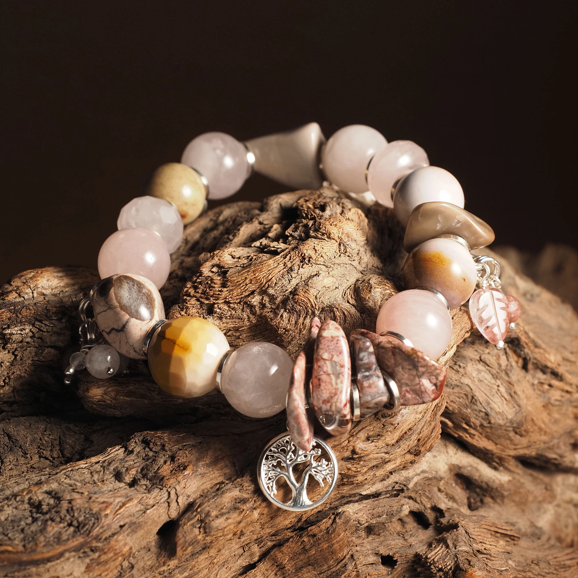 Браслет женский из Агата, Розового кварца и Яшмы