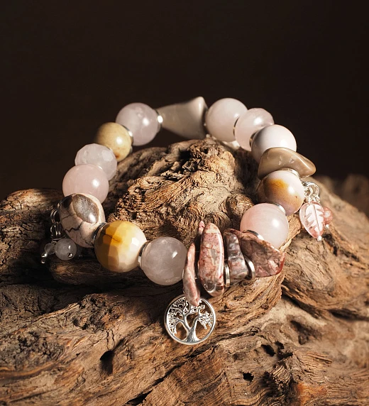 Браслет женский из Агата, Розового кварца и Яшмы