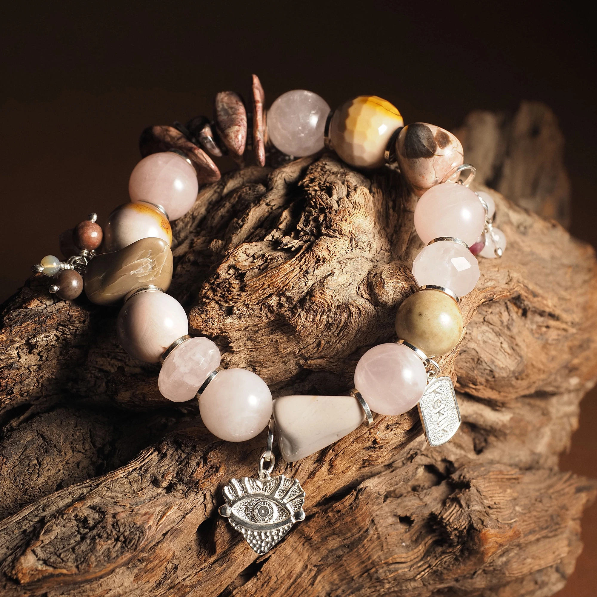 Браслет женский из Агата, Розового кварца и Яшмы