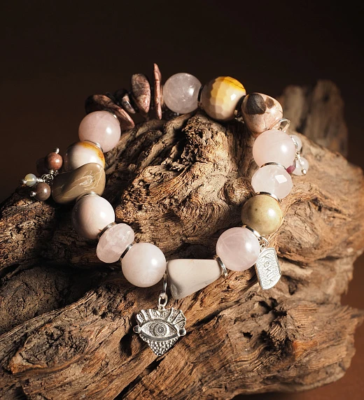 Браслет женский из Агата, Розового кварца и Яшмы