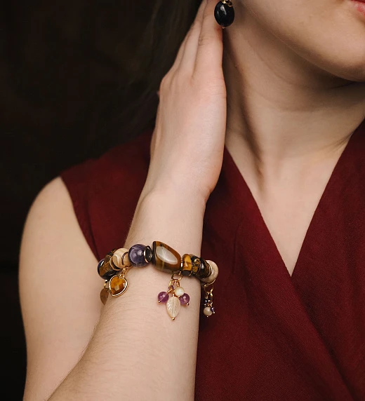 Браслет женский из Аметиста, Перламутра и Тигрового глаза