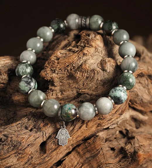Браслет лаконичный из Хризоколлы, Кошачьего глаза и Серафинита