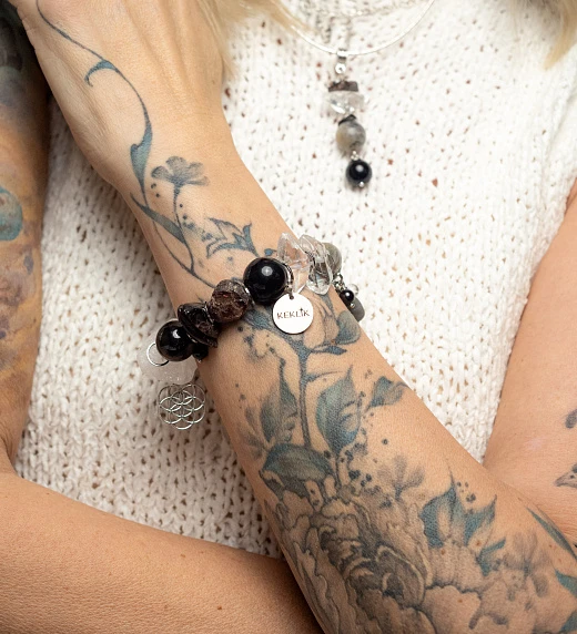 Браслет женский из Горного хрусталя, Граната, Лабрадора, Мориона и Обсидиана