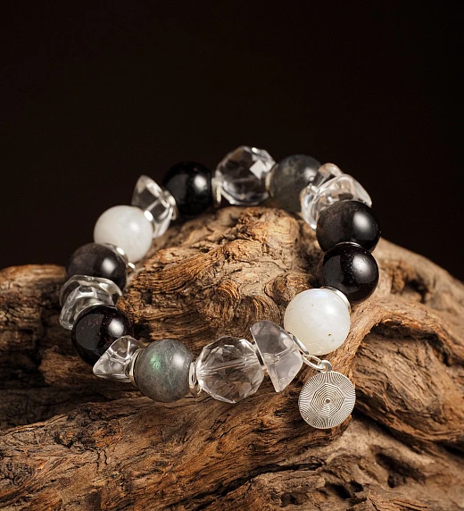 Браслет женский из Горного хрусталя, Граната, Лабрадора, Обсидиана и Лунного камня