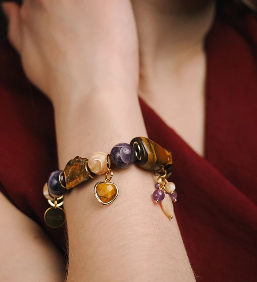 Браслет женский из Аметиста, Перламутра и Тигрового глаза