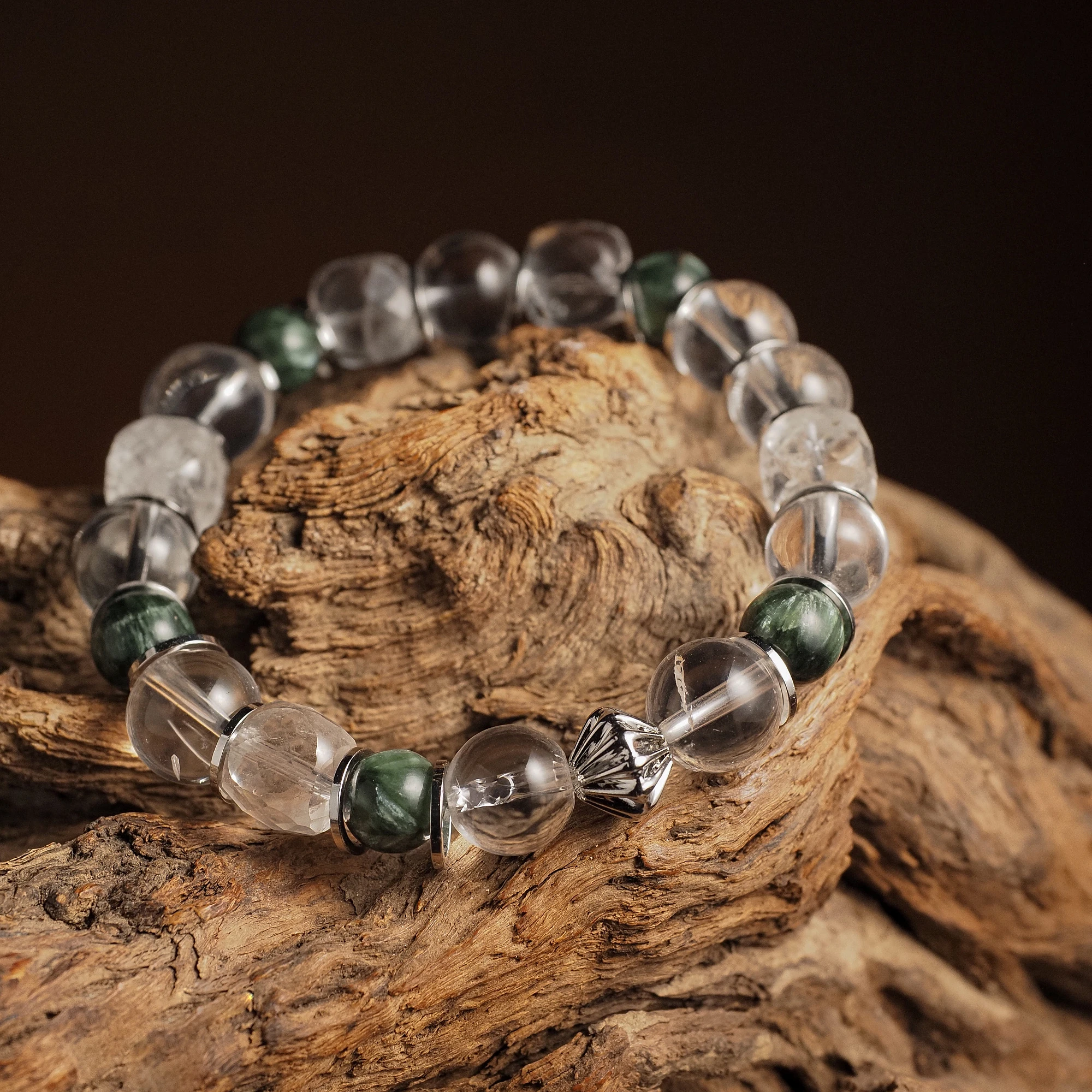 Браслет лаконичный из Горного хрусталя и Серафинита №1