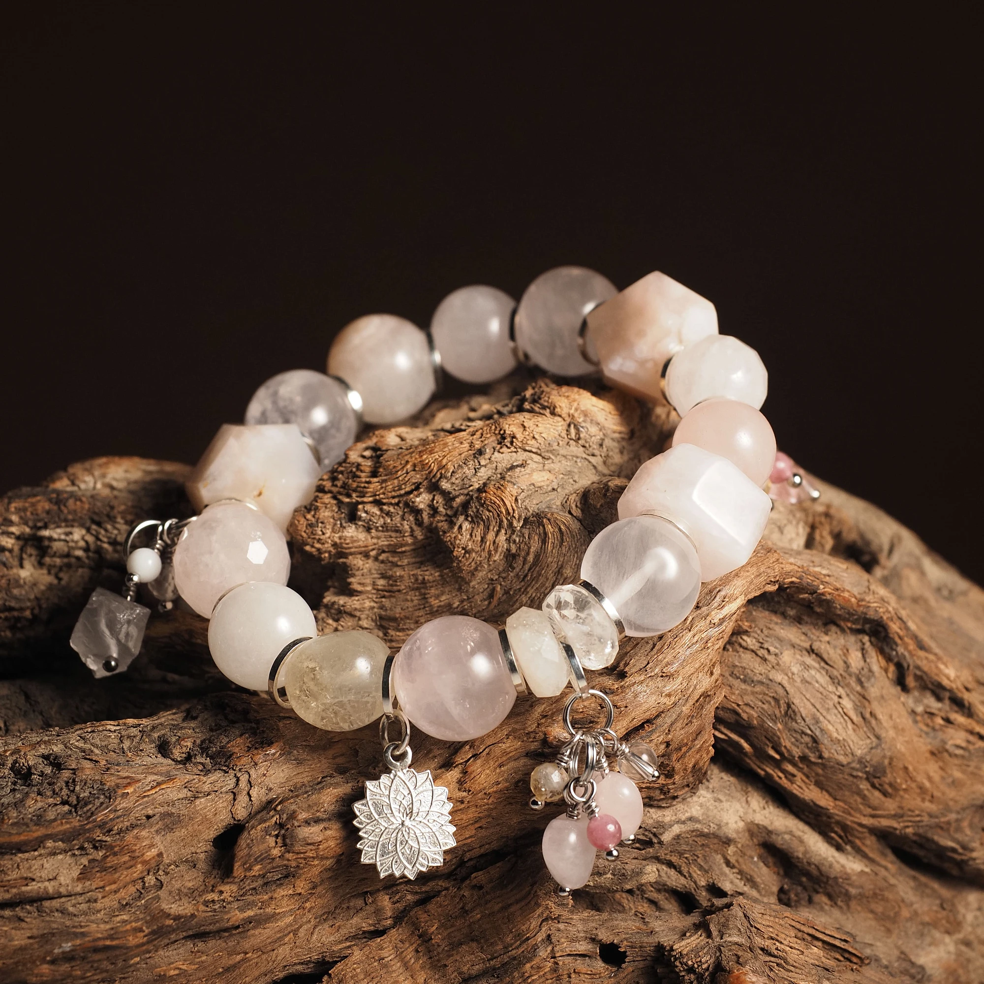 Браслет из Розового кварца, Сакурового Агата и Цитрина женский