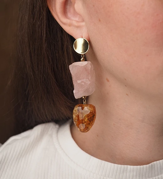 Серьги из Розового кварца и Янтаря