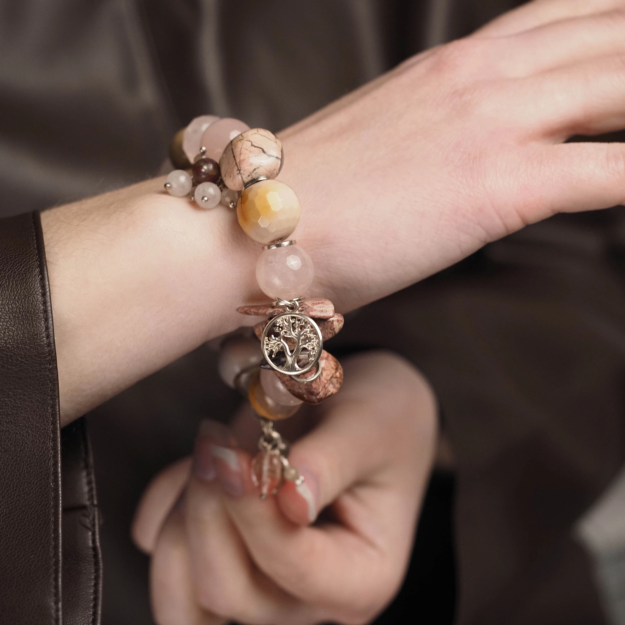 Браслет из Агата, Розового кварца и Яшмы женский