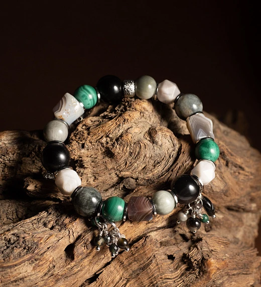 Браслет женский из Агата, Кошачьего глаза, Малахита и Обсидиана