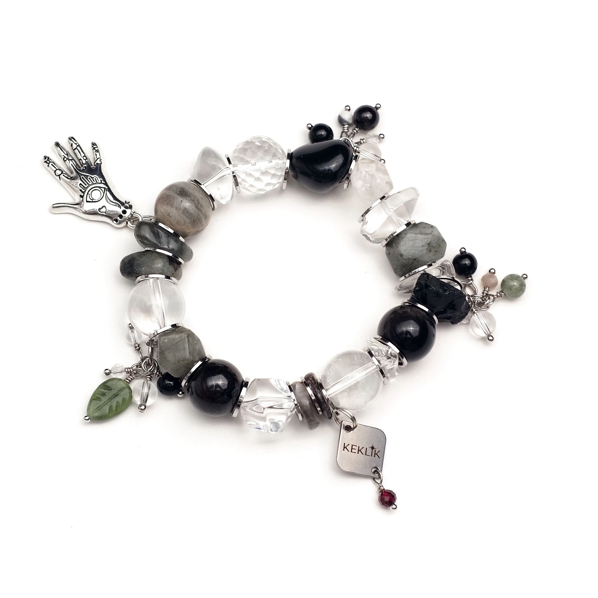 Браслет женский из Горного хрусталя, Граната, Лабрадора, Лунного камня, Мориона и Обсидиана