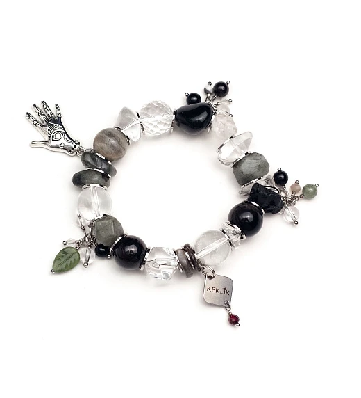 Браслет женский из Горного хрусталя, Граната, Лабрадора, Лунного камня, Мориона и Обсидиана