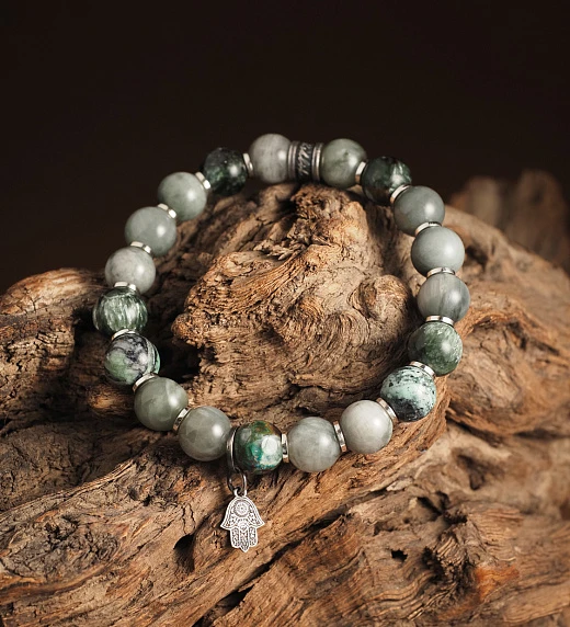 Браслет лаконичный из Хризоколлы, Кошачьего глаза и Серафинита