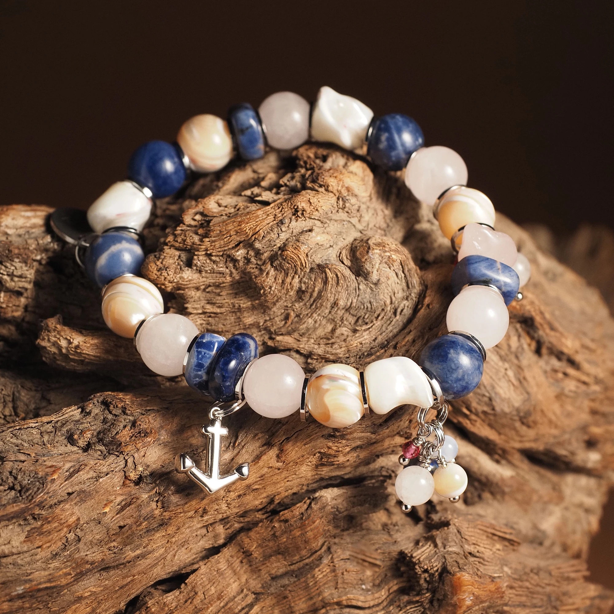 Браслет женский из Перламутра, Розового кварца и Содалита