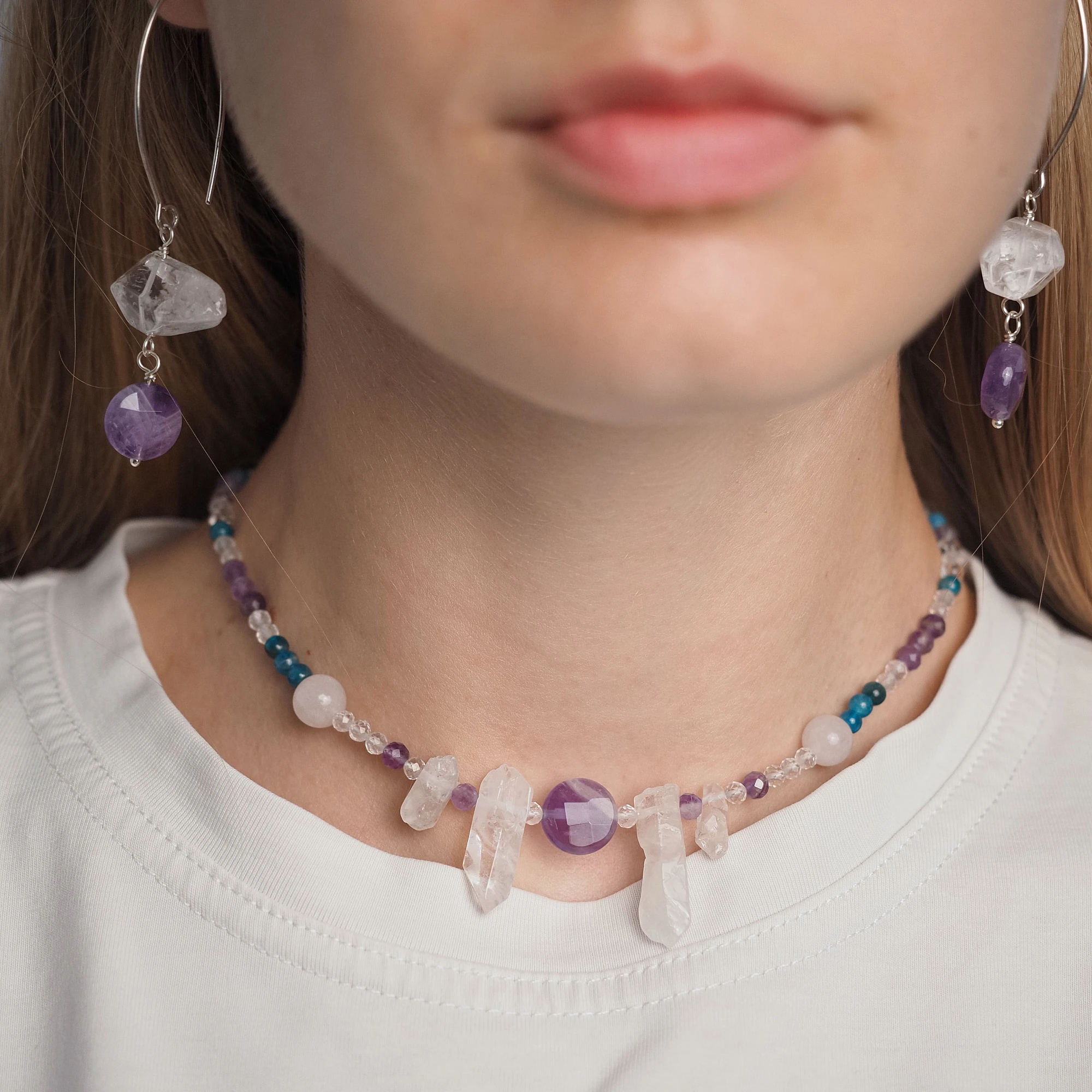 Чокер женский из Аметиста, Апатита, Горного хрусталя и Розового кварца