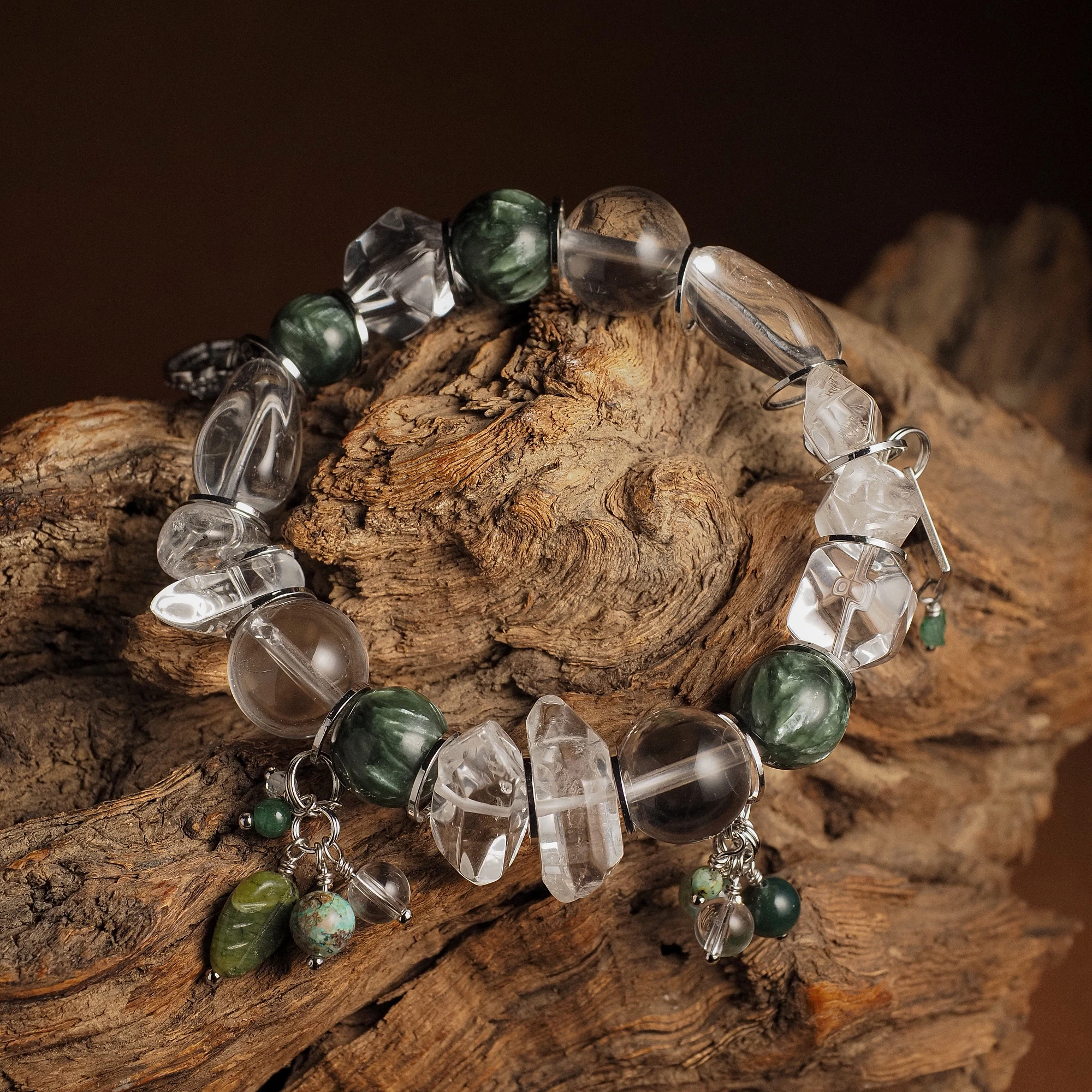 Браслет женский из Горного хрусталя и Серафинита №3