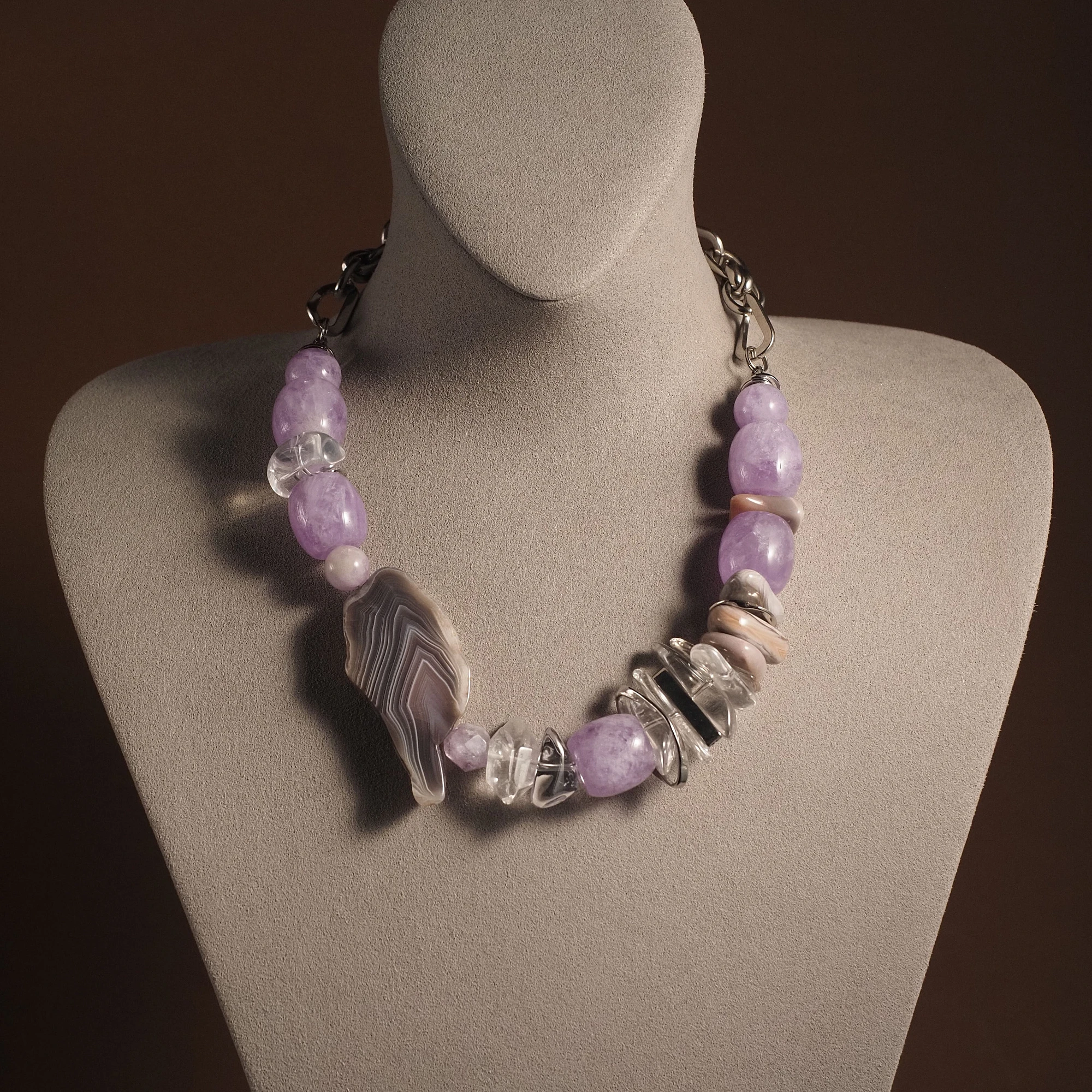 Чокер женский из Агата, Аметиста и Горного хрусталя