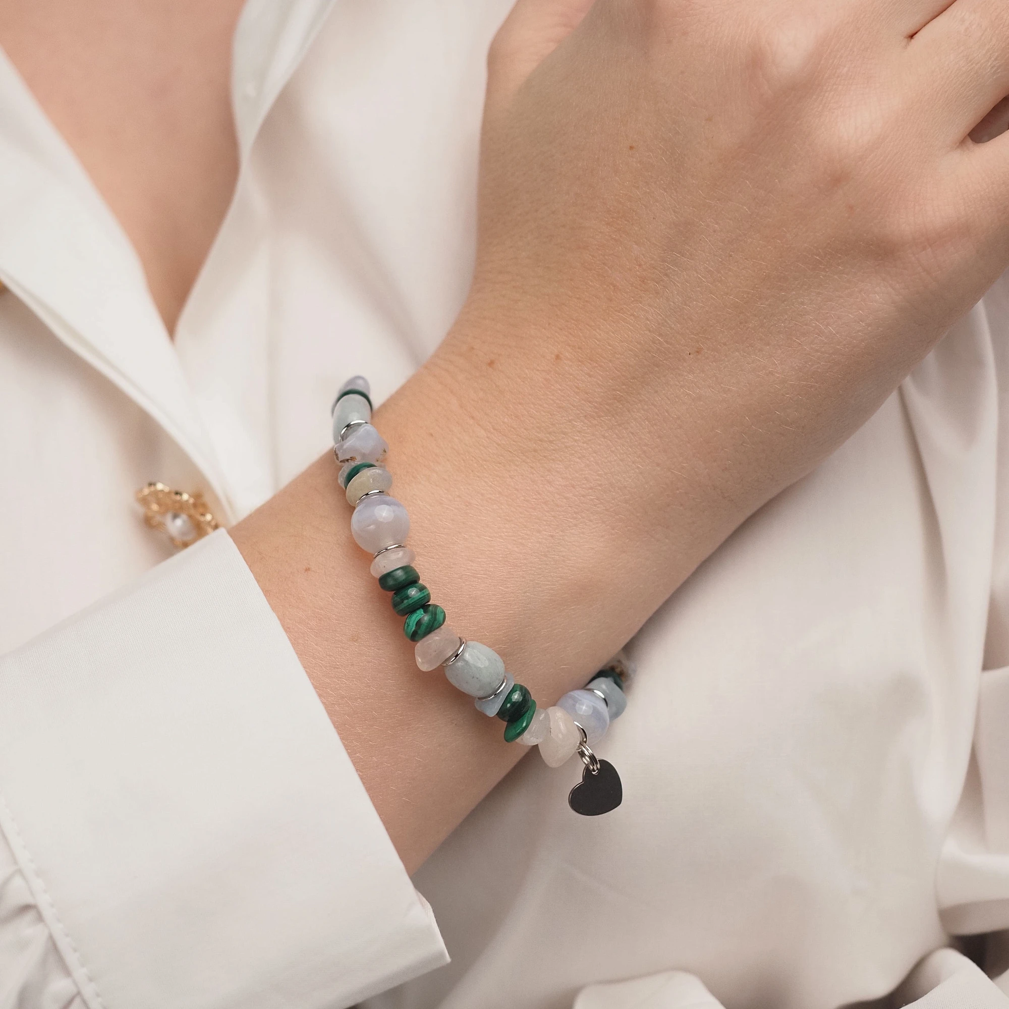 Браслет лаконичный из Малахита, Сапфирина, Берилла и Аквамарина