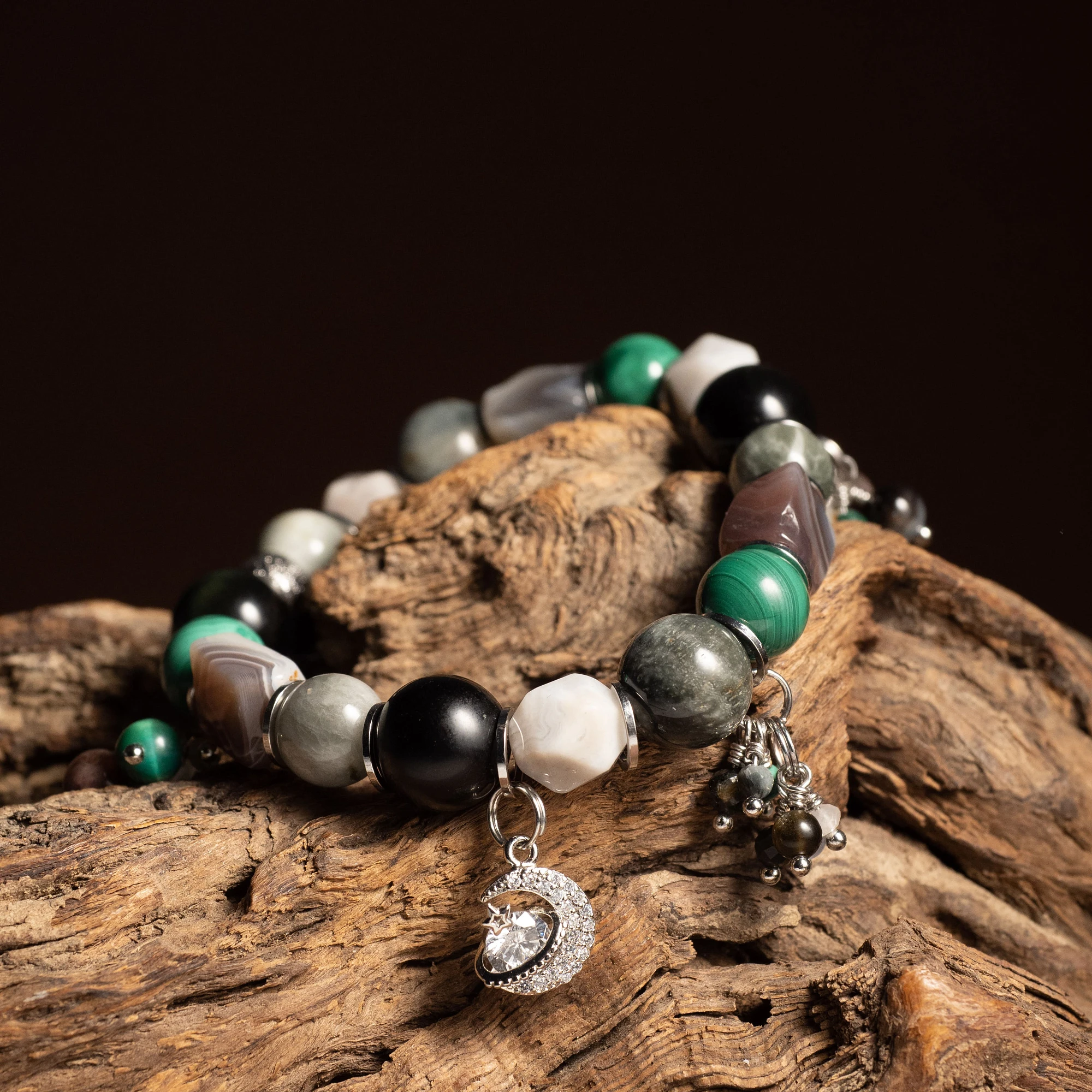 Браслет женский из Агата, Кошачьего глаза, Малахита и Обсидиана