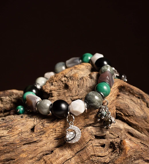 Браслет женский из Агата, Кошачьего глаза, Малахита и Обсидиана