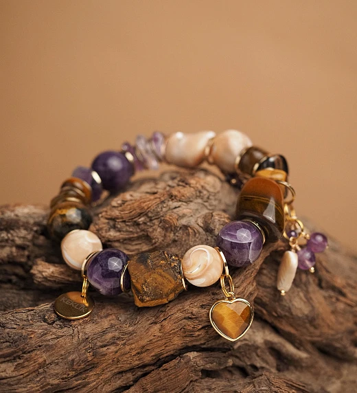 Браслет женский из Аметиста, Перламутра и Тигрового глаза