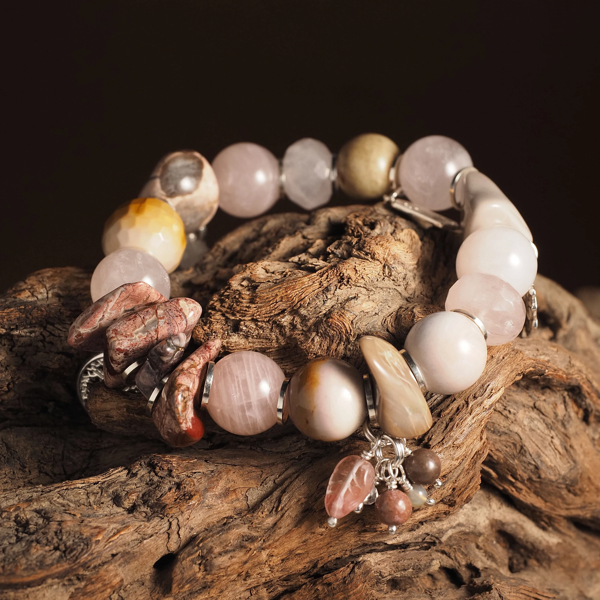Браслет женский из Агата, Розового кварца и Яшмы