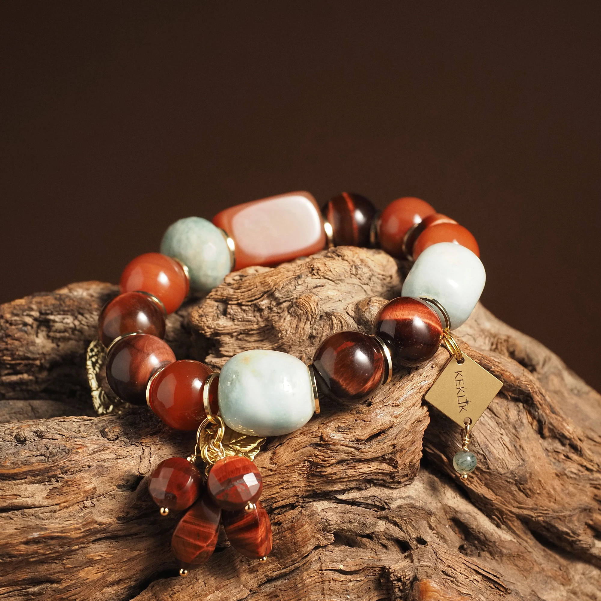 Браслет женский из Амазонита, Бычьего глаза и Сердолика №2