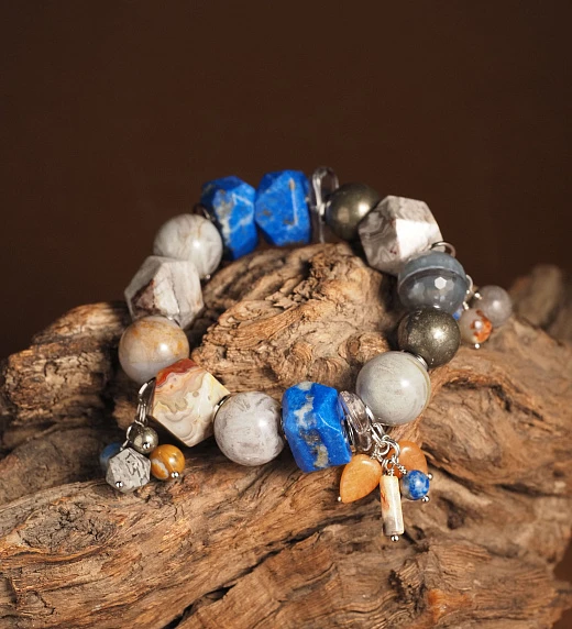 Браслет женский из Агата, Горного хрусталя, Лазурита и Пирита