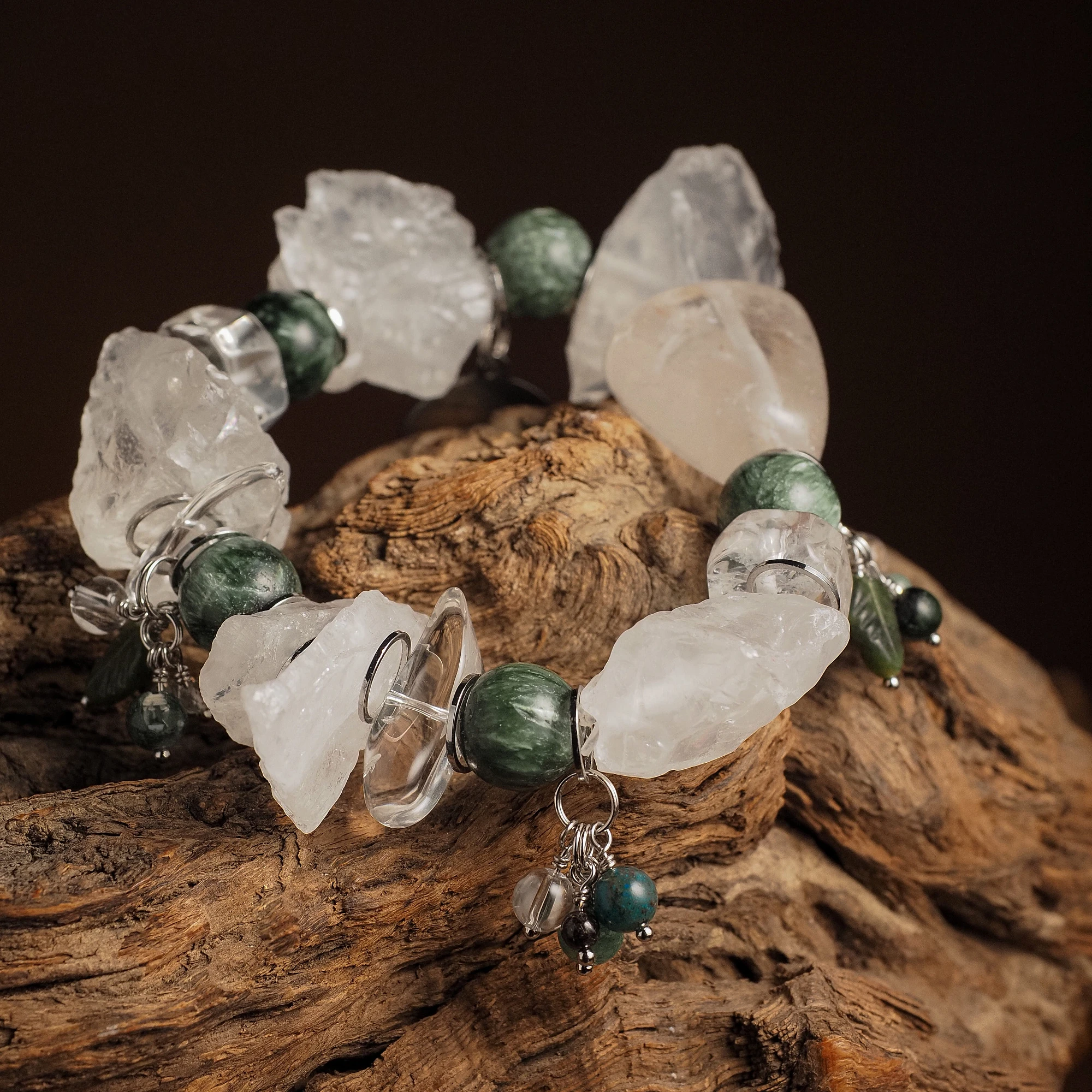 Браслет женский из Горного хрусталя и Серафинита №2