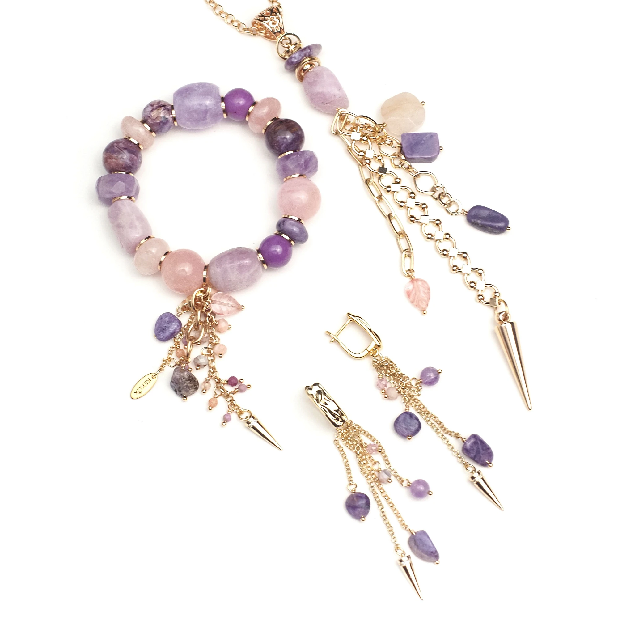 Браслет женский из Аметиста, Берилла, Кунцита, Чароита и Фосфосидерита 