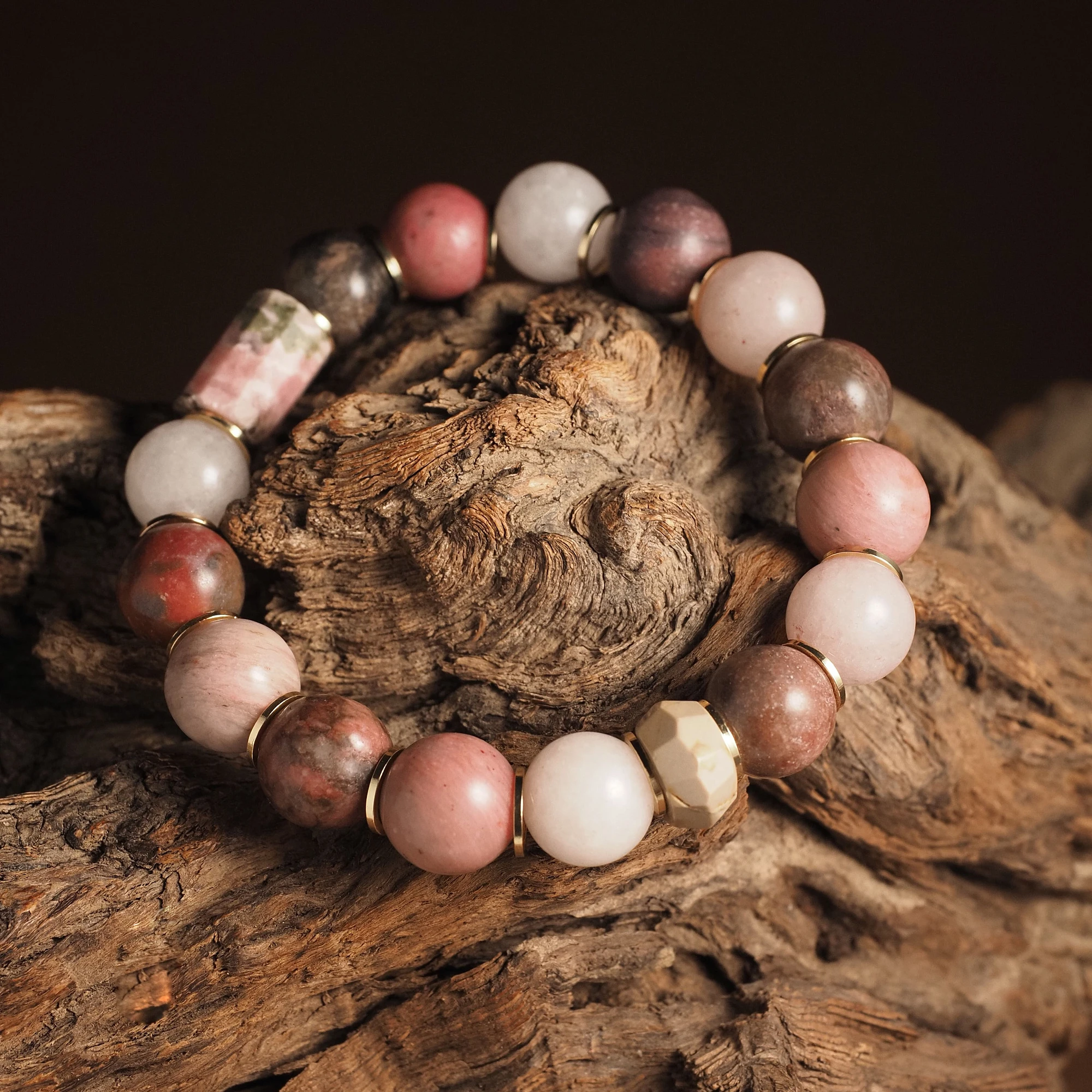 Браслет женский из Родонита и Розового кварца