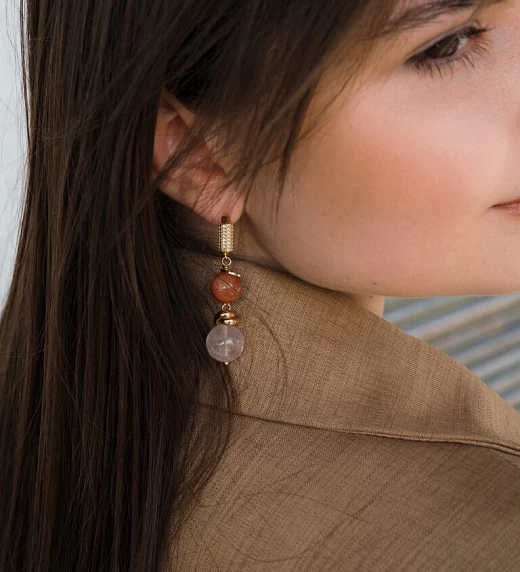 Серьги из Розового кварца и Солнечного камня