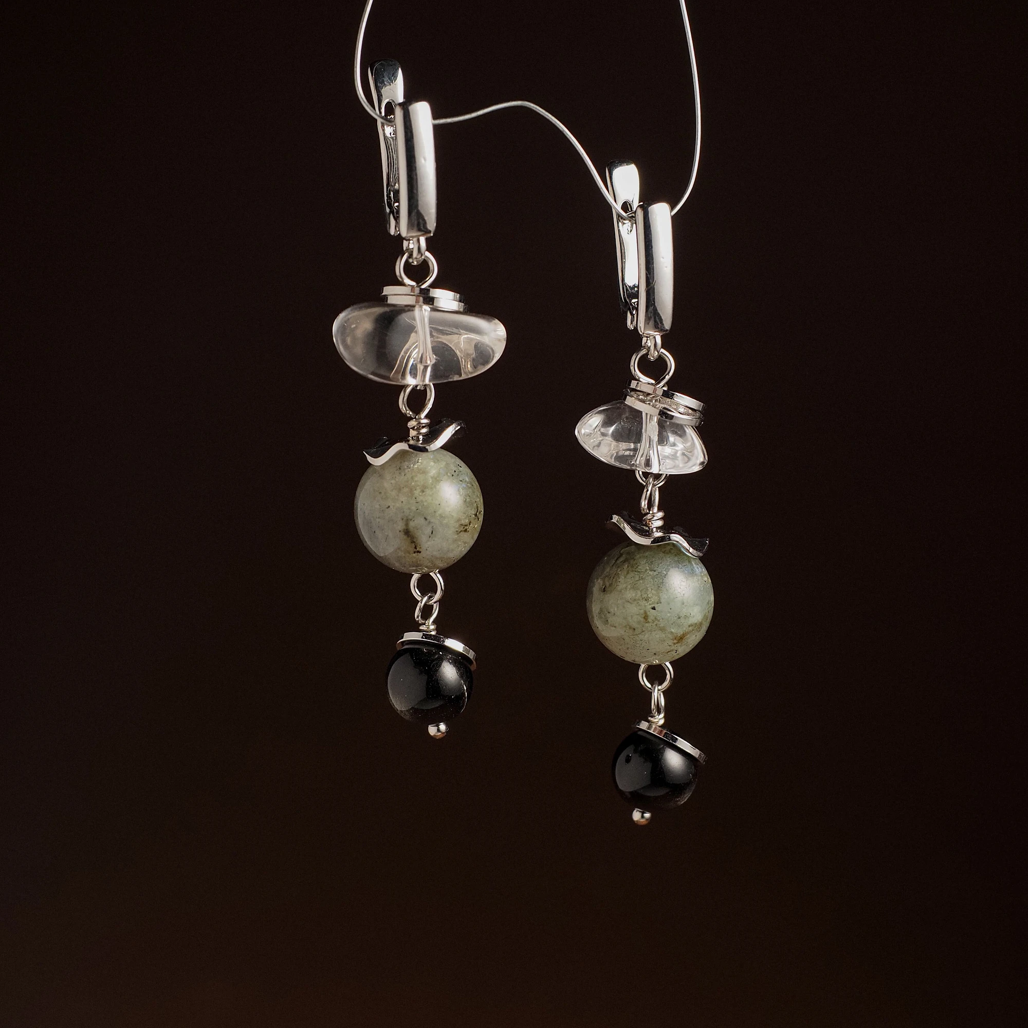 Серьги из Горного хрусталя, Лабрадора и Обсидиана